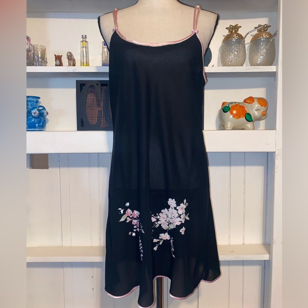 Oscar De La Renta Pink Label Black Embroidered‎ Sheer Nightgown Medium